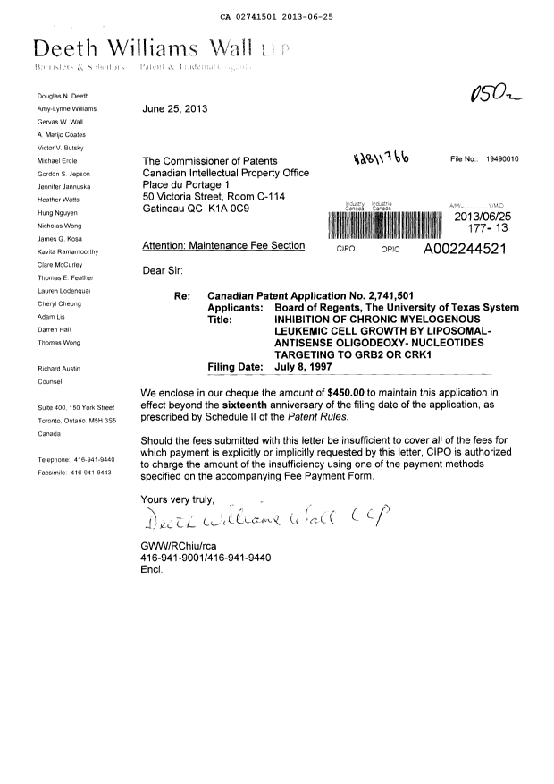 Canadian Patent Document 2741501. Fees 20130625. Image 1 of 1