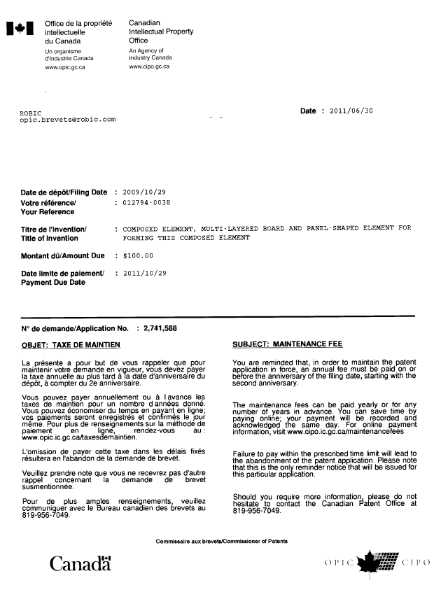 Canadian Patent Document 2741588. Correspondence 20110630. Image 1 of 1