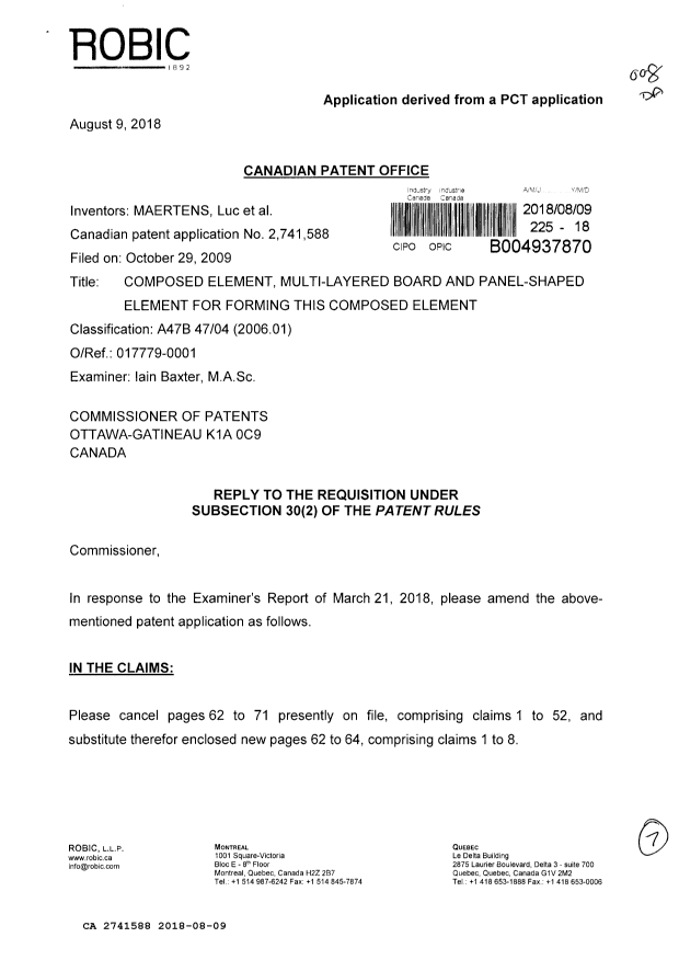 Canadian Patent Document 2741588. Amendment 20180809. Image 1 of 7