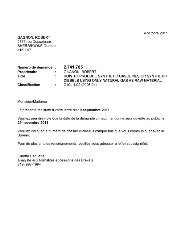 Document de brevet canadien 2741785. Correspondance 20101204. Image 1 de 1