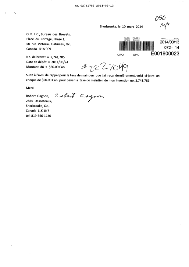 Document de brevet canadien 2741785. Taxes 20131213. Image 1 de 1