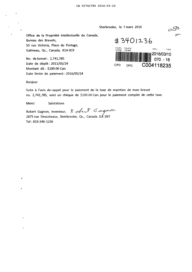 Document de brevet canadien 2741785. Taxes 20151210. Image 1 de 2