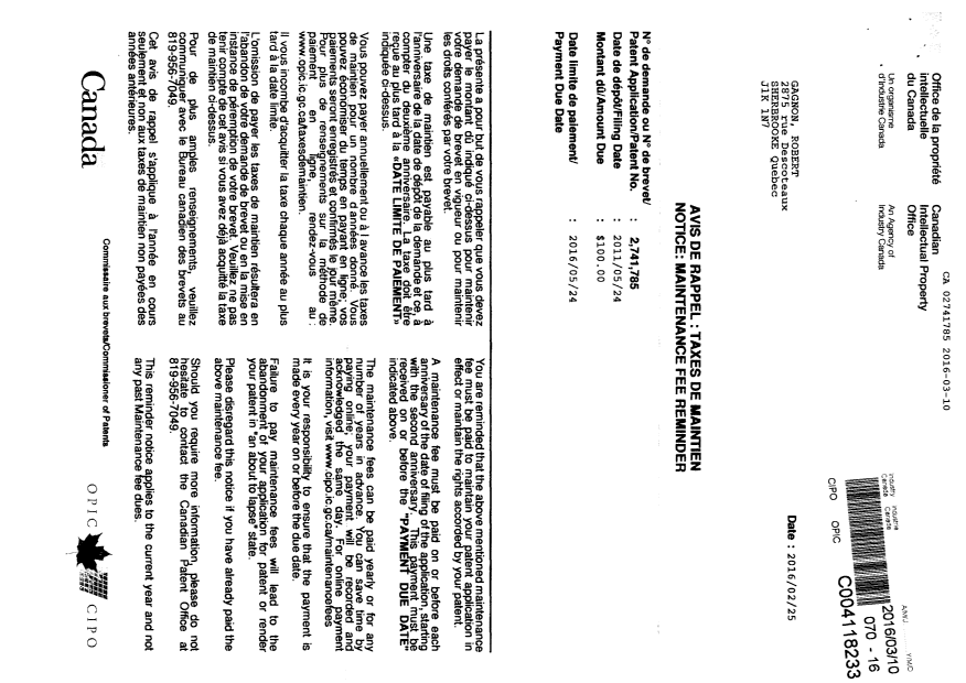 Document de brevet canadien 2741785. Taxes 20151210. Image 2 de 2