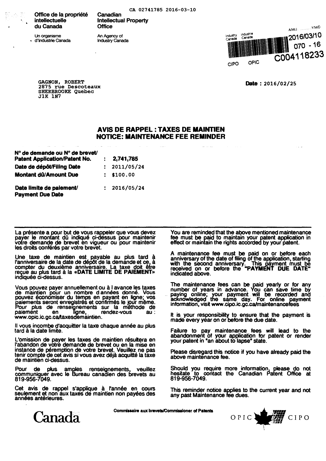 Canadian Patent Document 2741785. Fees 20151210. Image 2 of 2