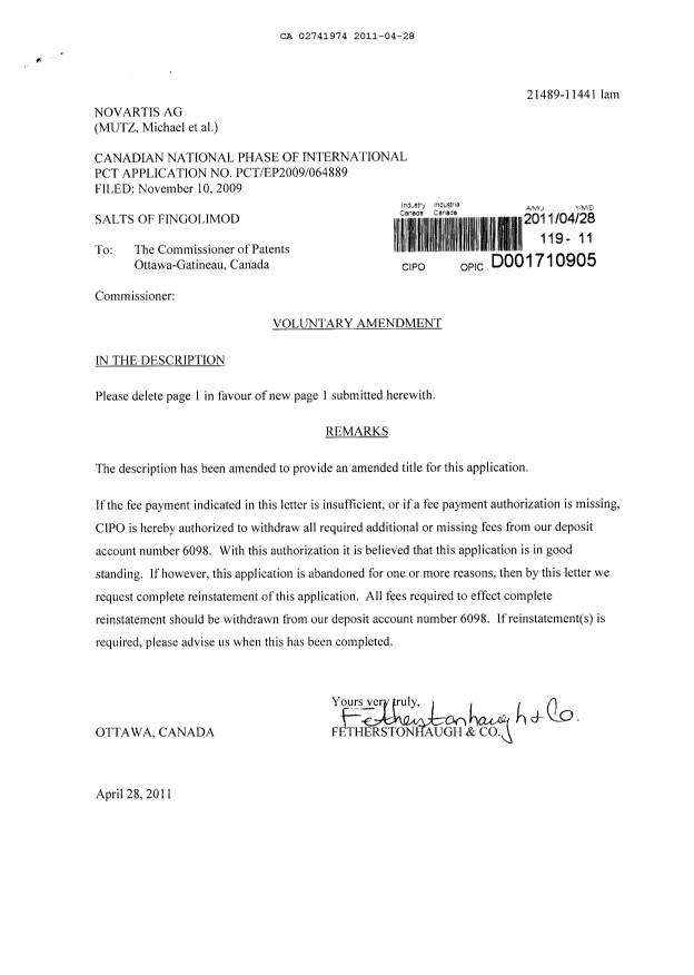 Document de brevet canadien 2741974. Poursuite-Amendment 20110428. Image 1 de 2