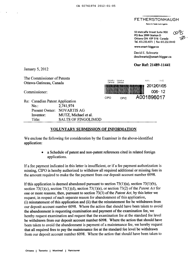Canadian Patent Document 2741974. Prosecution-Amendment 20120105. Image 1 of 2