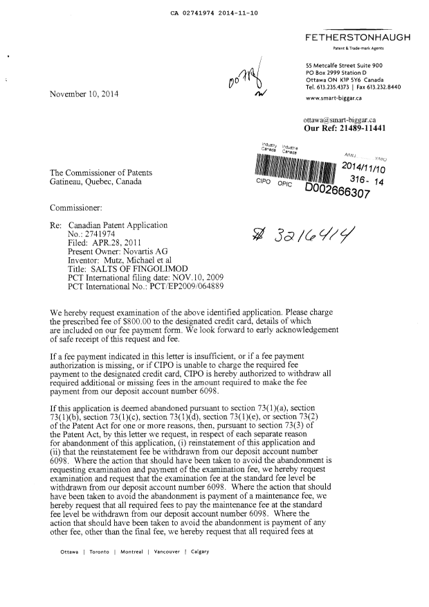 Document de brevet canadien 2741974. Poursuite-Amendment 20141110. Image 1 de 2