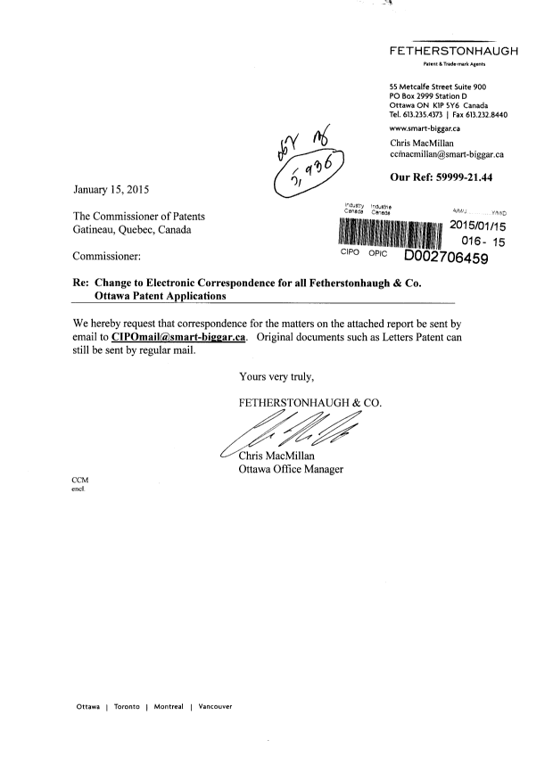 Document de brevet canadien 2741974. Correspondance 20150115. Image 1 de 2