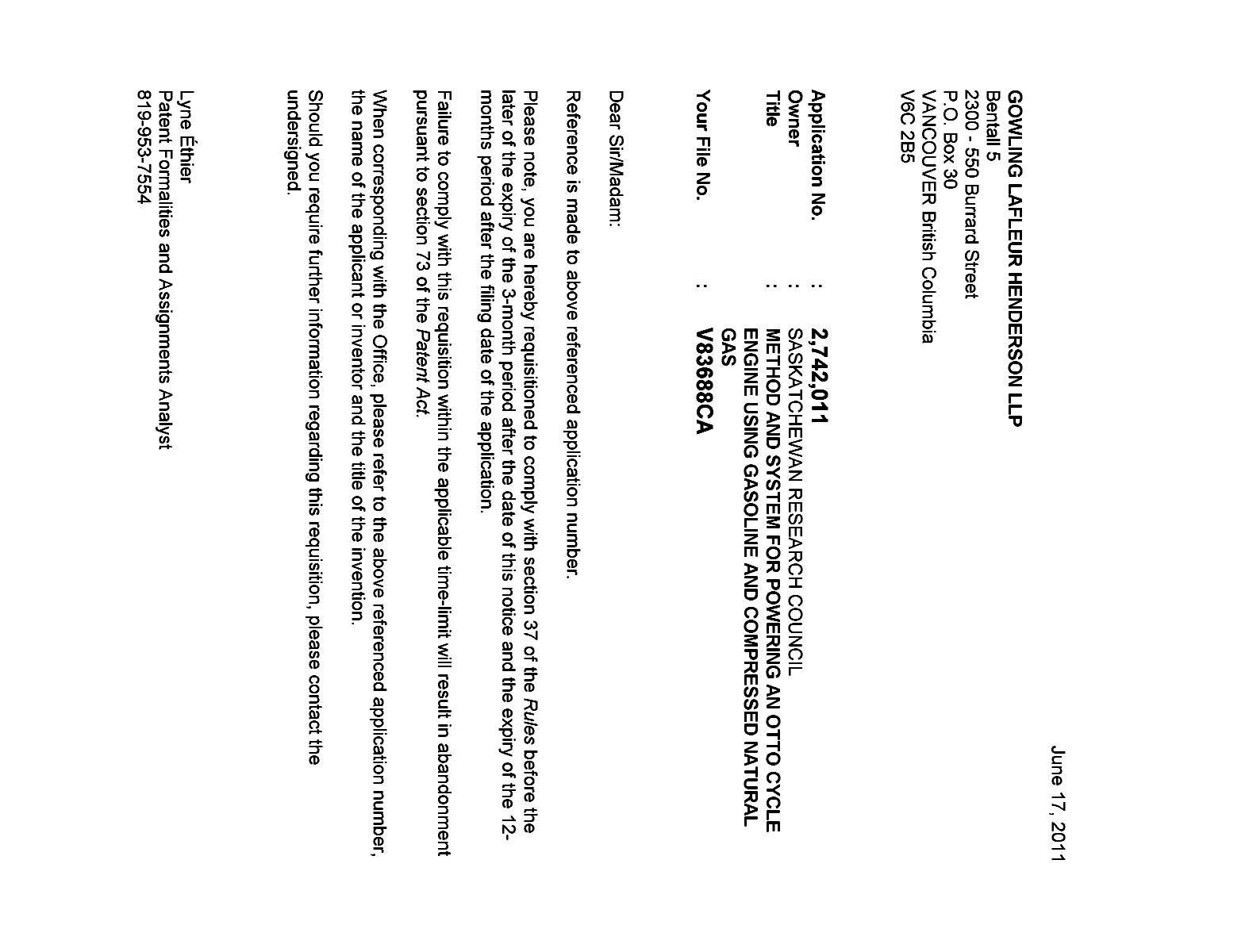 Document de brevet canadien 2742011. Correspondance 20101217. Image 1 de 1