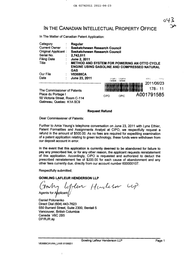 Document de brevet canadien 2742011. Correspondance 20101223. Image 1 de 1