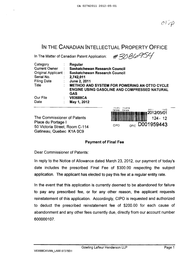 Document de brevet canadien 2742011. Correspondance 20111201. Image 1 de 2