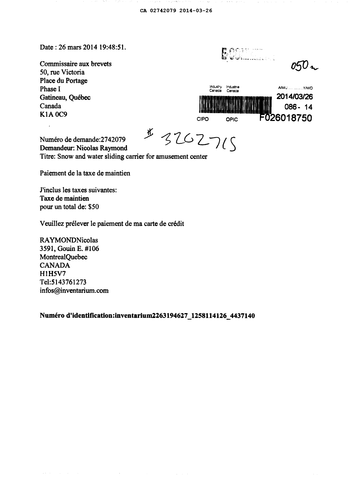 Document de brevet canadien 2742079. Taxes 20140326. Image 1 de 1