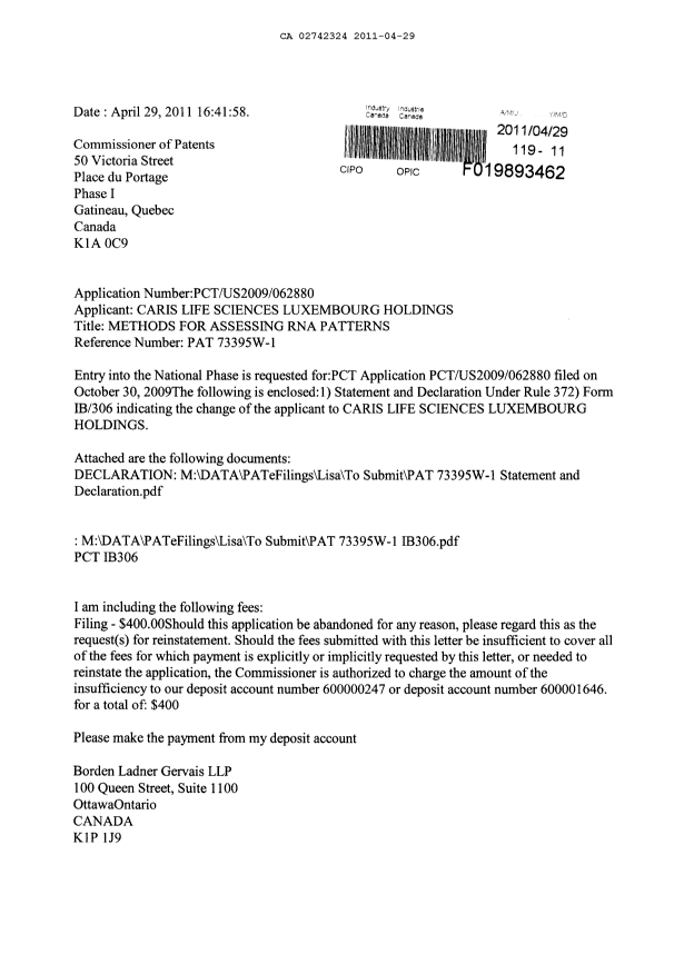 Document de brevet canadien 2742324. Cession 20110429. Image 1 de 8