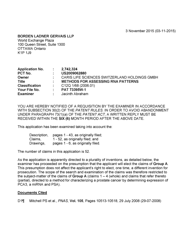 Document de brevet canadien 2742324. Demande d'examen 20151103. Image 1 de 7