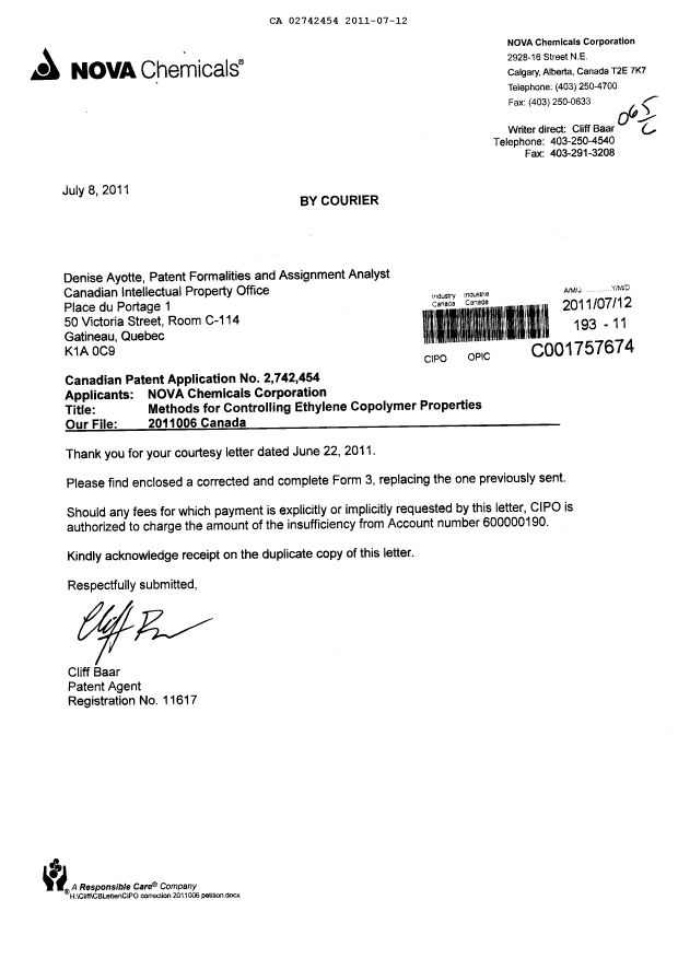 Document de brevet canadien 2742454. Correspondance 20110712. Image 1 de 2