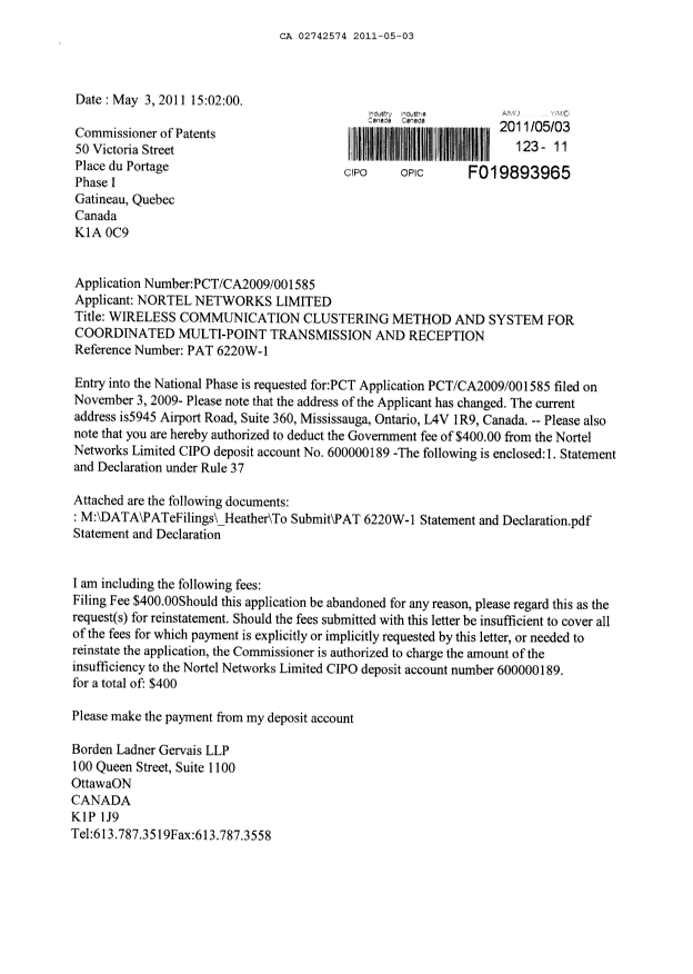Document de brevet canadien 2742574. Cession 20110503. Image 1 de 8