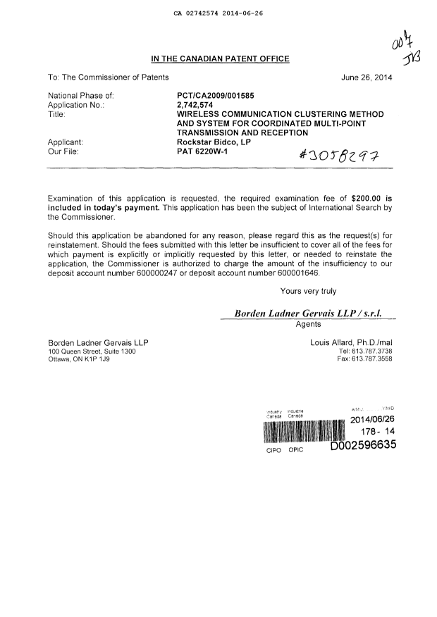 Canadian Patent Document 2742574. Prosecution-Amendment 20140626. Image 1 of 1