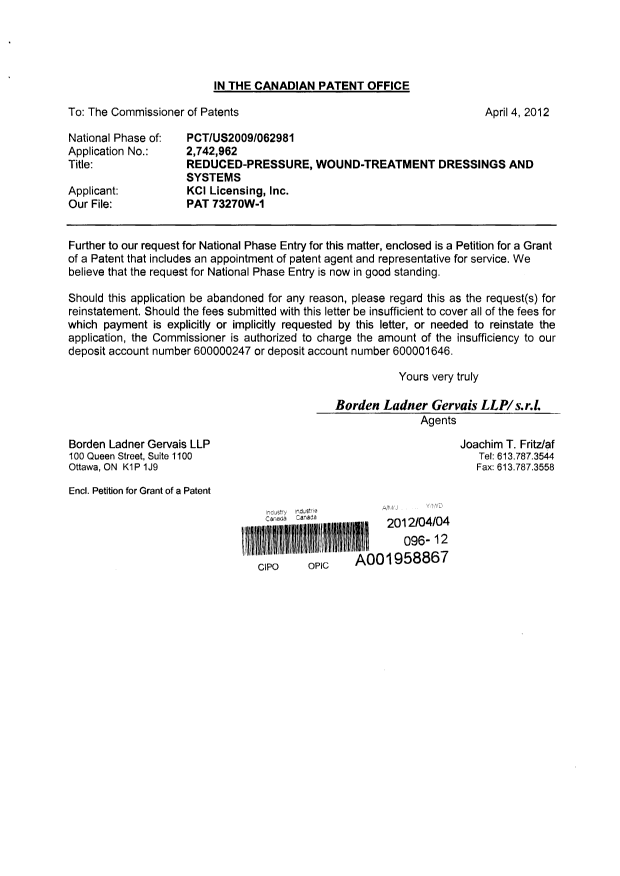 Document de brevet canadien 2742962. Correspondance 20120404. Image 1 de 3