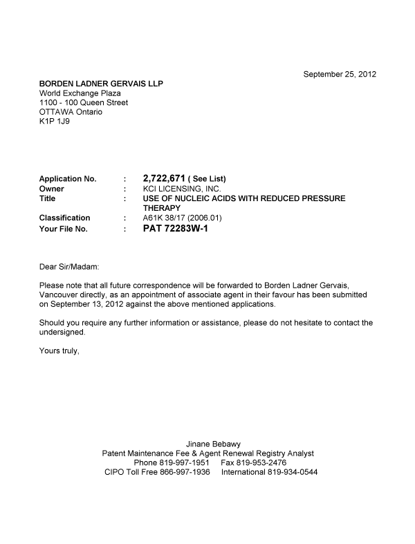 Document de brevet canadien 2742962. Correspondance 20120925. Image 1 de 1