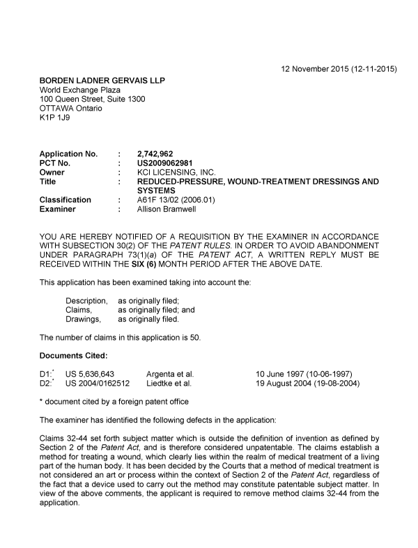 Document de brevet canadien 2742962. Demande d'examen 20151112. Image 1 de 4