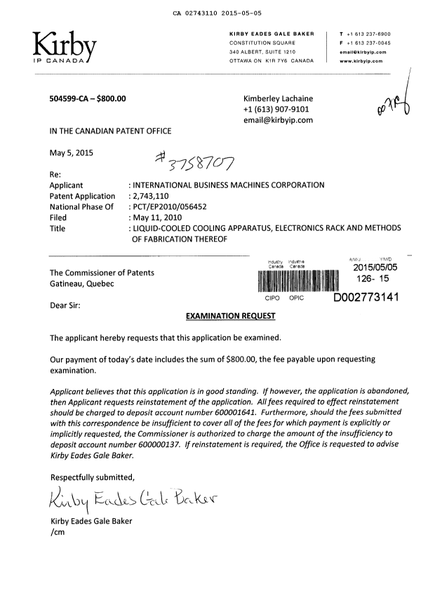 Document de brevet canadien 2743110. Poursuite-Amendment 20150505. Image 1 de 1