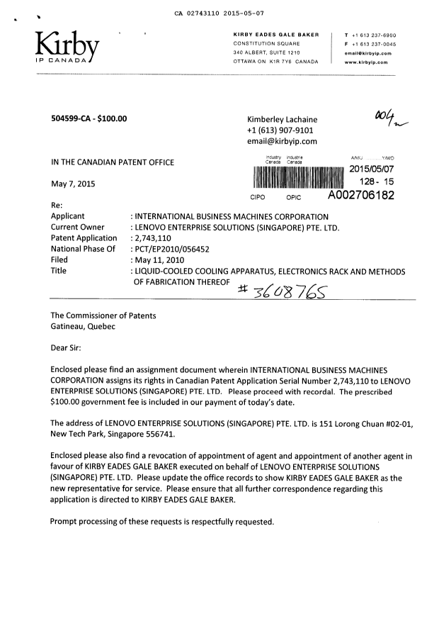 Document de brevet canadien 2743110. Cession 20150507. Image 1 de 5