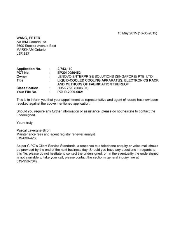 Document de brevet canadien 2743110. Correspondance 20150513. Image 1 de 1