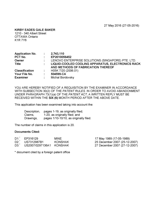 Document de brevet canadien 2743110. Demande d'examen 20160527. Image 1 de 3