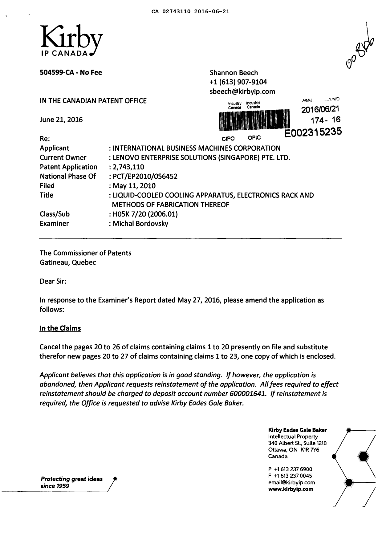 Canadian Patent Document 2743110. Amendment 20160621. Image 1 of 12