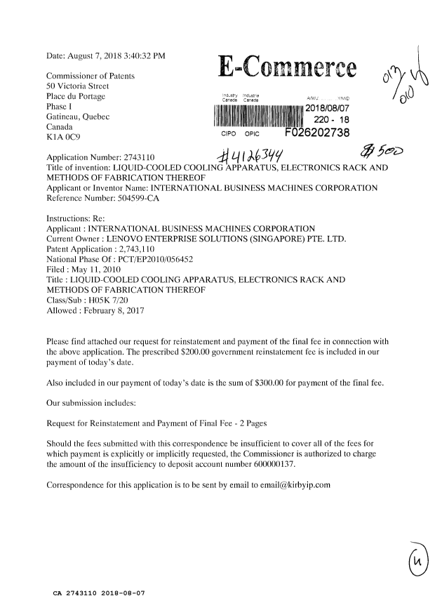 Document de brevet canadien 2743110. Rétablissement 20180807. Image 1 de 4