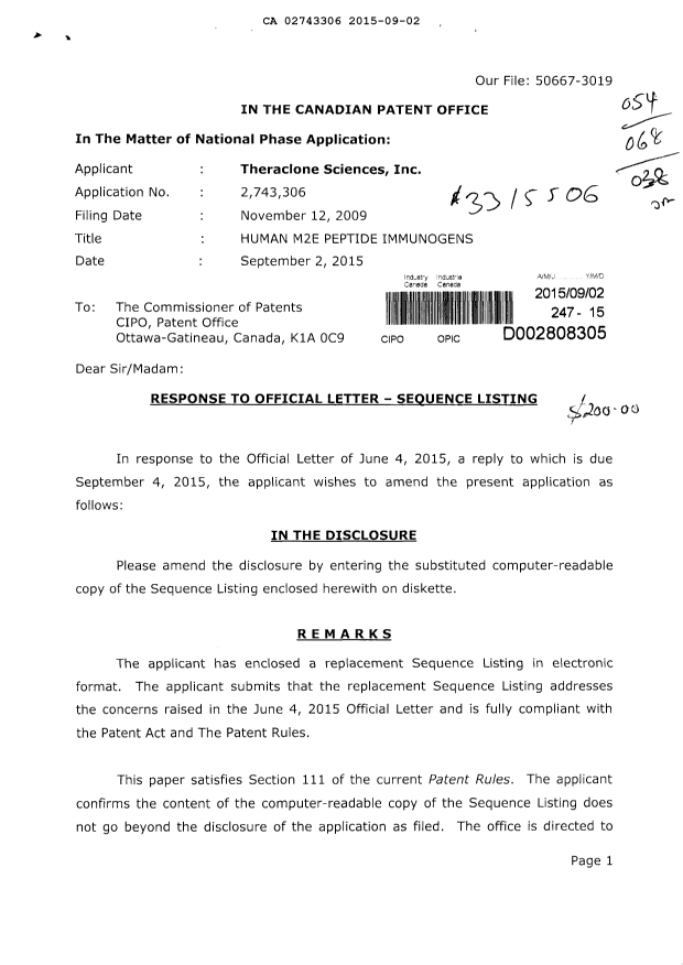 Document de brevet canadien 2743306. Listage de séquences - Modification 20150902. Image 1 de 2