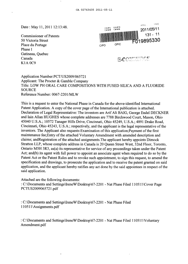 Document de brevet canadien 2743435. Cession 20110511. Image 1 de 10