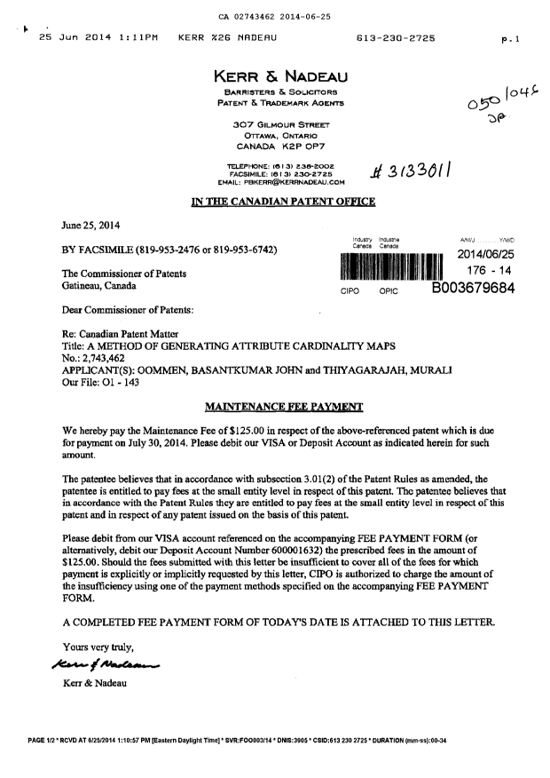 Document de brevet canadien 2743462. Taxes 20140625. Image 1 de 1
