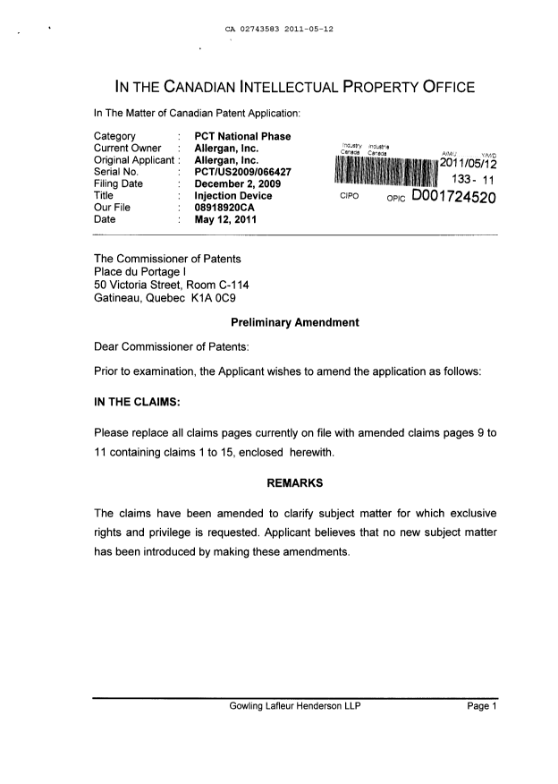Canadian Patent Document 2743583. Prosecution-Amendment 20101212. Image 1 of 5
