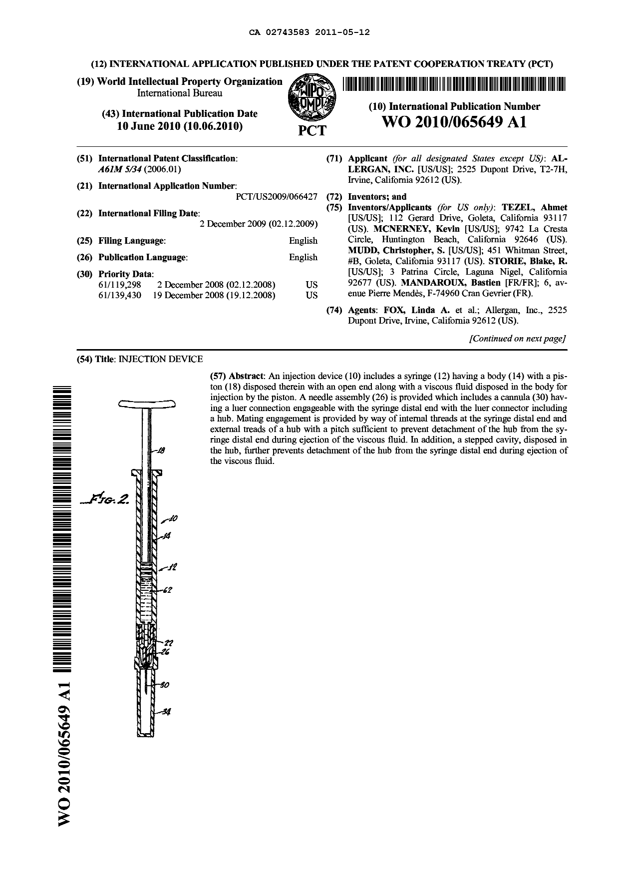 Document de brevet canadien 2743583. Abrégé 20101212. Image 1 de 2