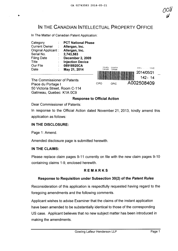Canadian Patent Document 2743583. Prosecution-Amendment 20131221. Image 1 of 6