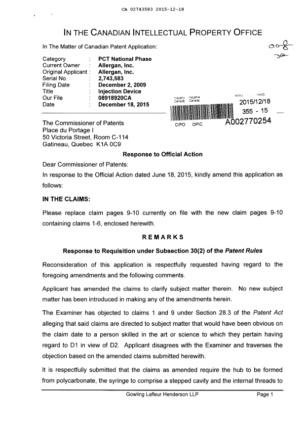 Canadian Patent Document 2743583. Prosecution-Amendment 20141218. Image 1 of 5