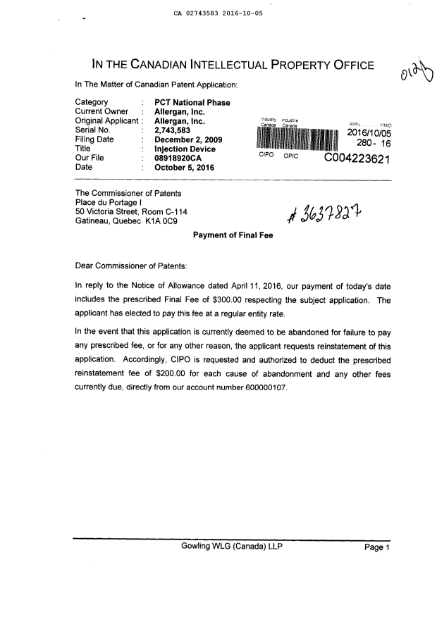 Canadian Patent Document 2743583. Correspondence 20151205. Image 1 of 2