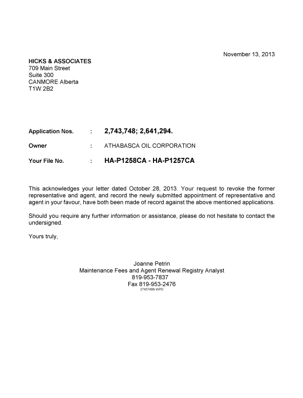 Document de brevet canadien 2743748. Correspondance 20121213. Image 1 de 1