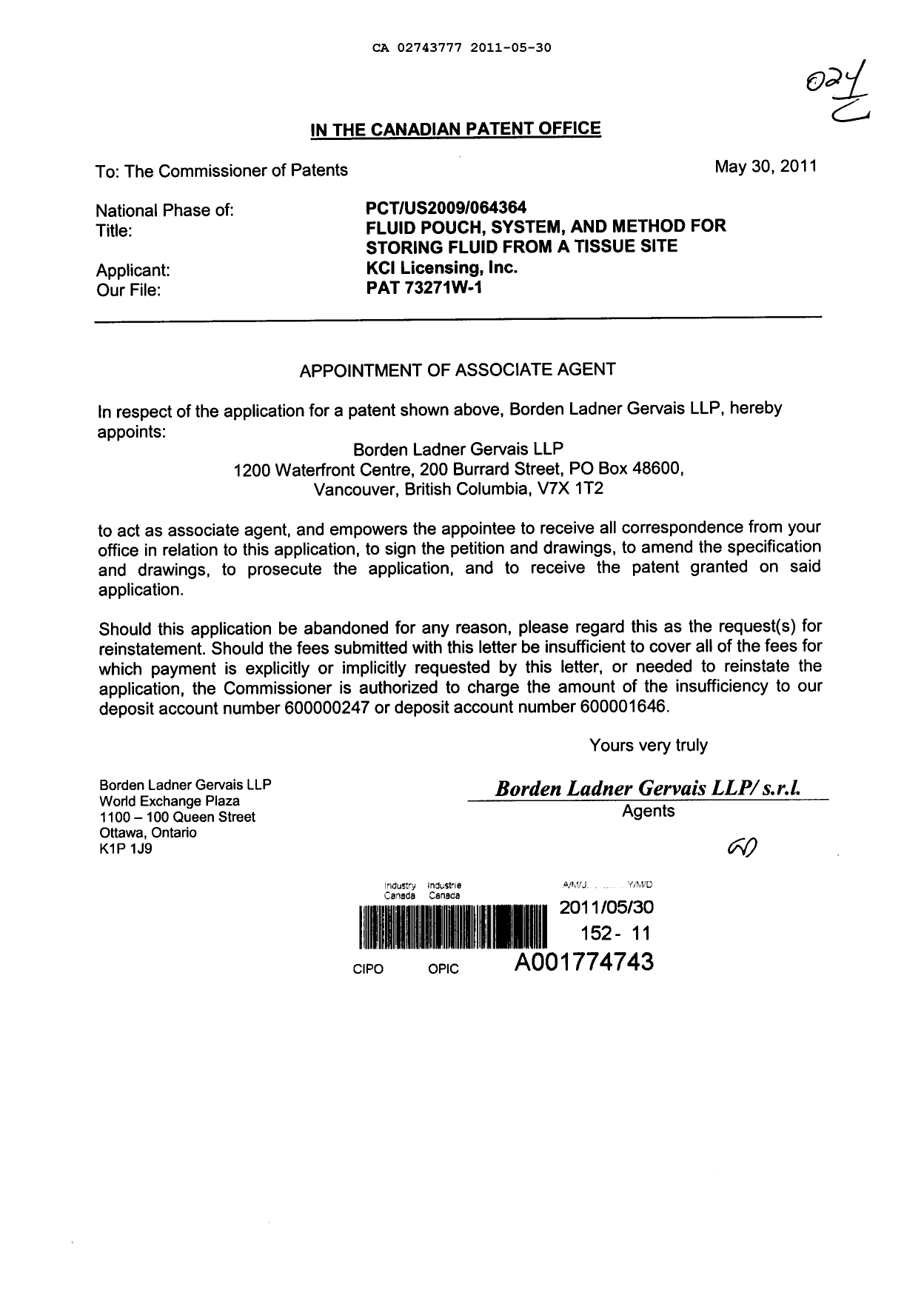 Canadian Patent Document 2743777. Correspondence 20101230. Image 1 of 1