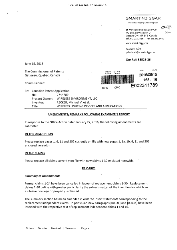 Canadian Patent Document 2744709. Prosecution-Amendment 20151215. Image 1 of 14