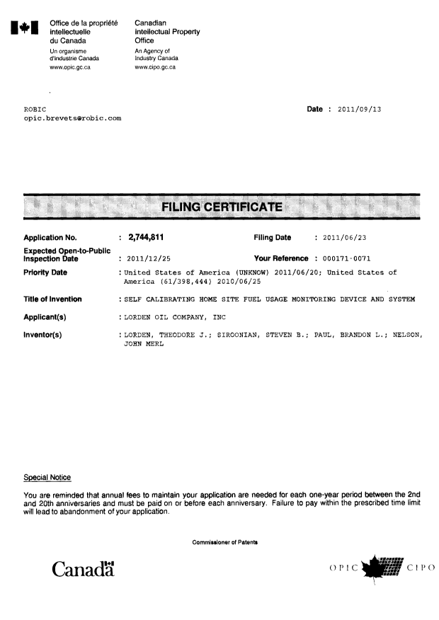 Document de brevet canadien 2744811. Correspondance 20110913. Image 1 de 1