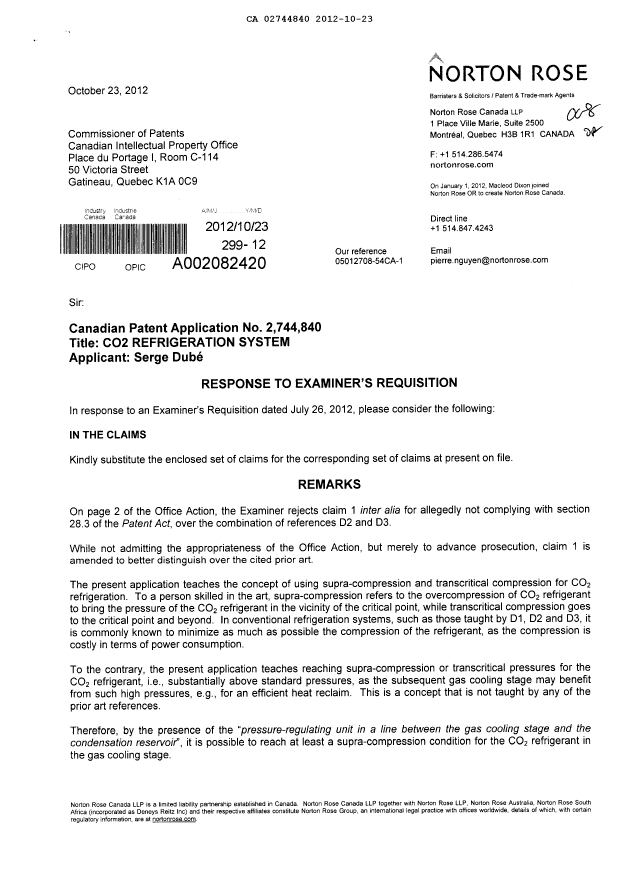 Canadian Patent Document 2744840. Prosecution-Amendment 20111223. Image 1 of 6
