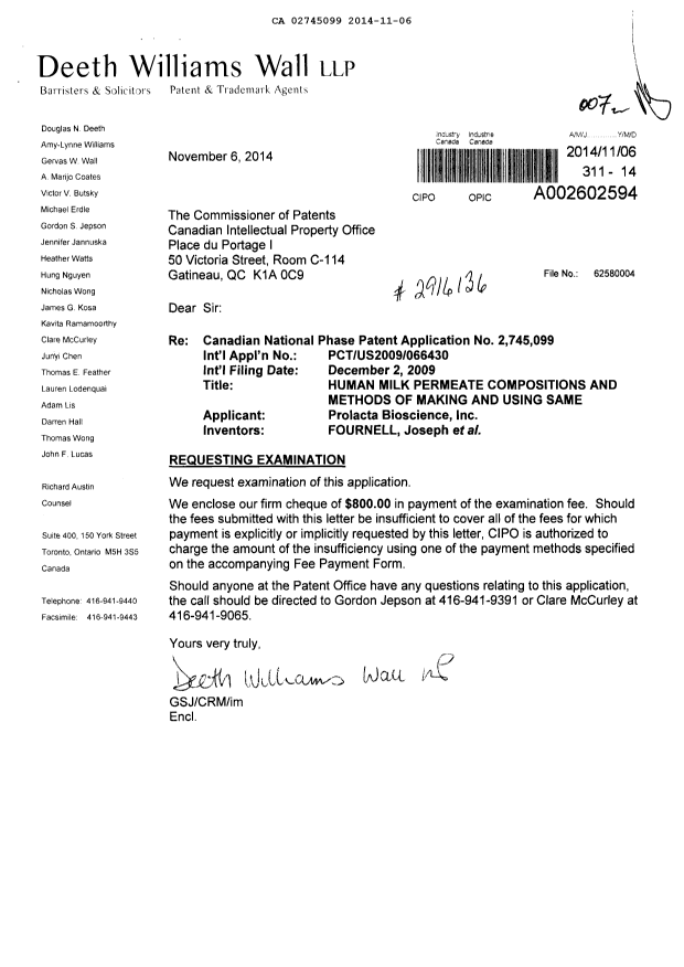 Canadian Patent Document 2745099. Prosecution-Amendment 20131206. Image 1 of 1