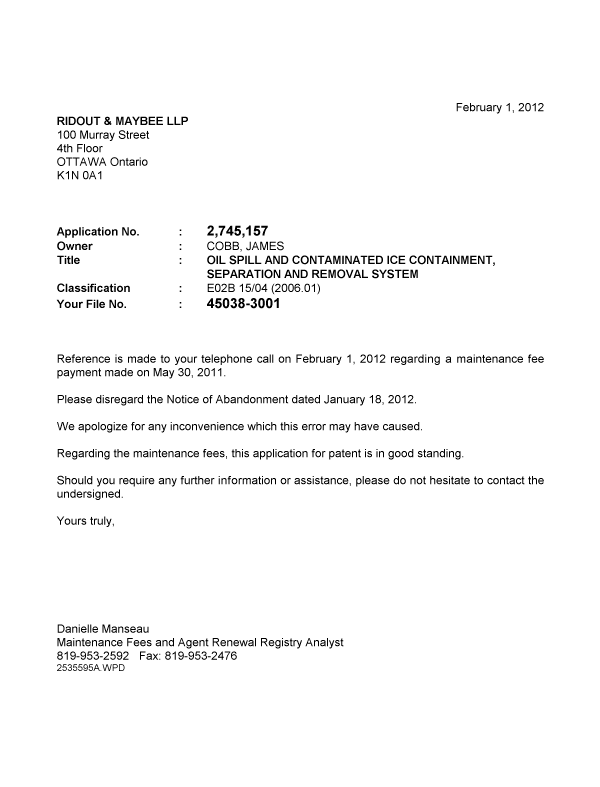 Document de brevet canadien 2745157. Correspondance 20111201. Image 1 de 1