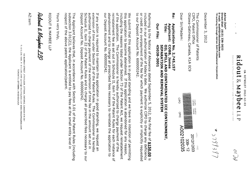 Document de brevet canadien 2745157. Correspondance 20111203. Image 1 de 1