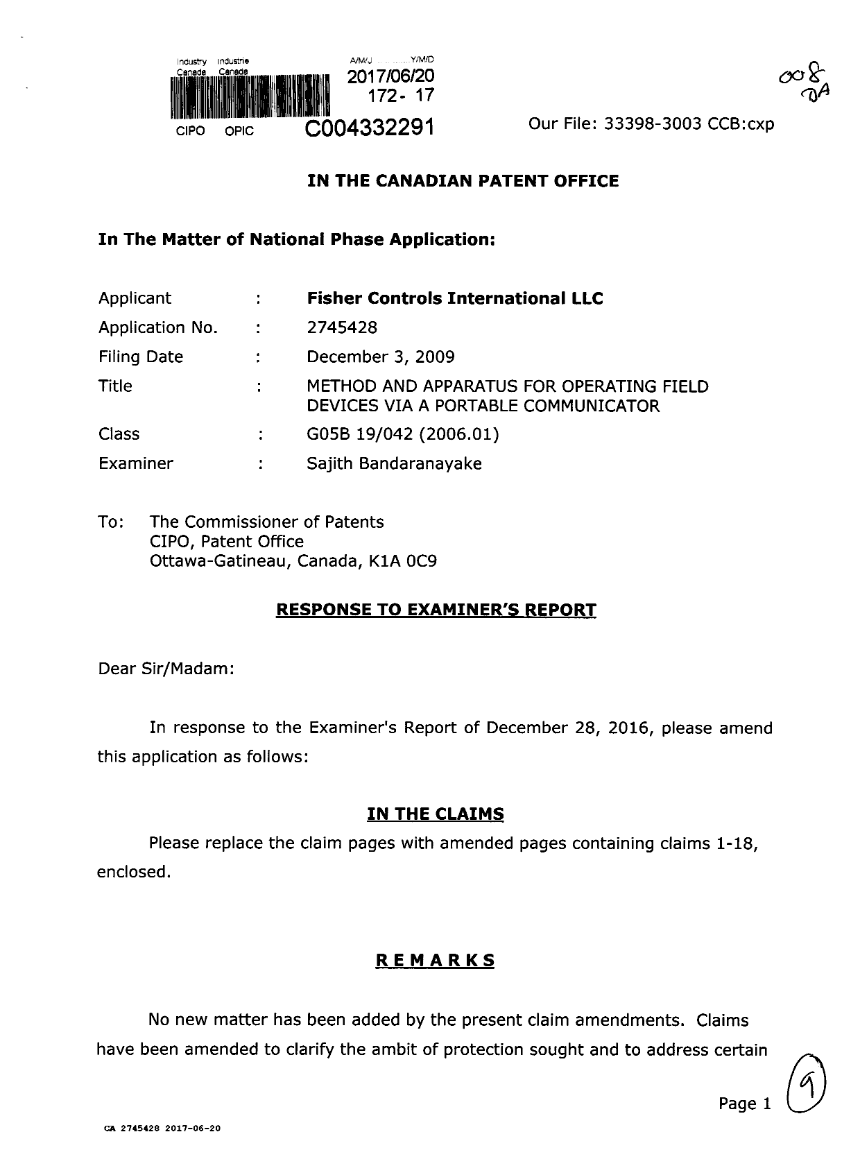 Canadian Patent Document 2745428. Amendment 20170620. Image 1 of 9