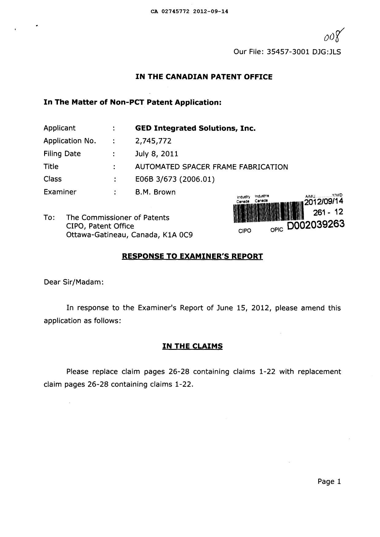 Document de brevet canadien 2745772. Poursuite-Amendment 20111214. Image 1 de 6