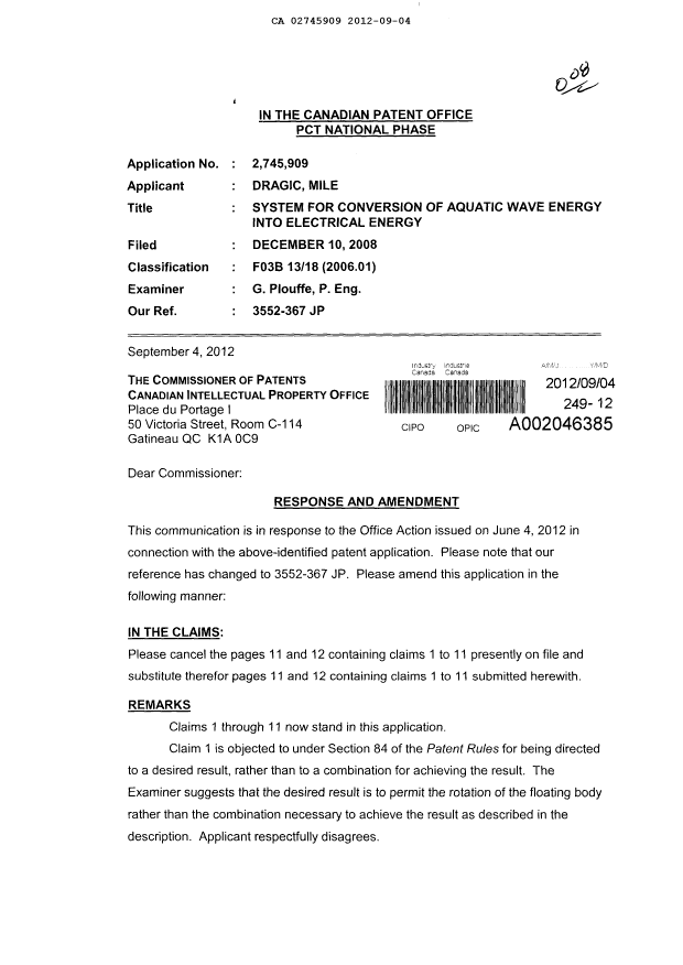 Document de brevet canadien 2745909. Poursuite-Amendment 20111204. Image 1 de 4