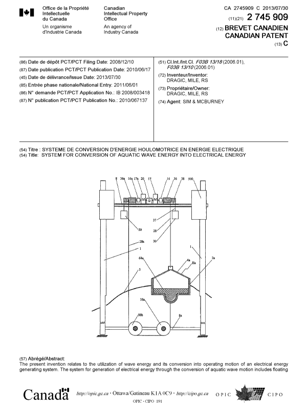 Document de brevet canadien 2745909. Page couverture 20121210. Image 1 de 2